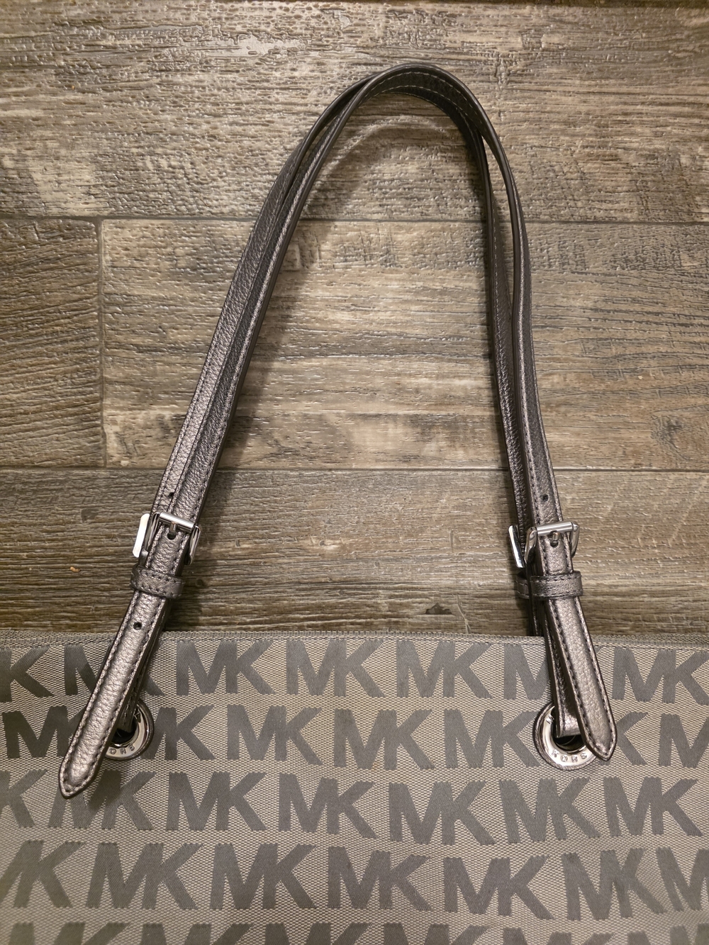 Michael Kors Gray MK Monogram Tote with Metallic Straps - Picture 3 of 7